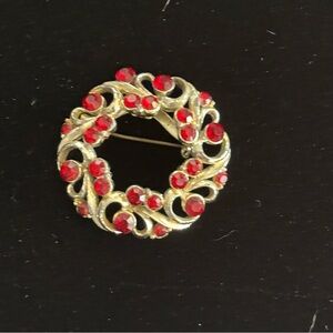 Vintage Gold-Tone Wreath Brooch with Red Crystal Gems